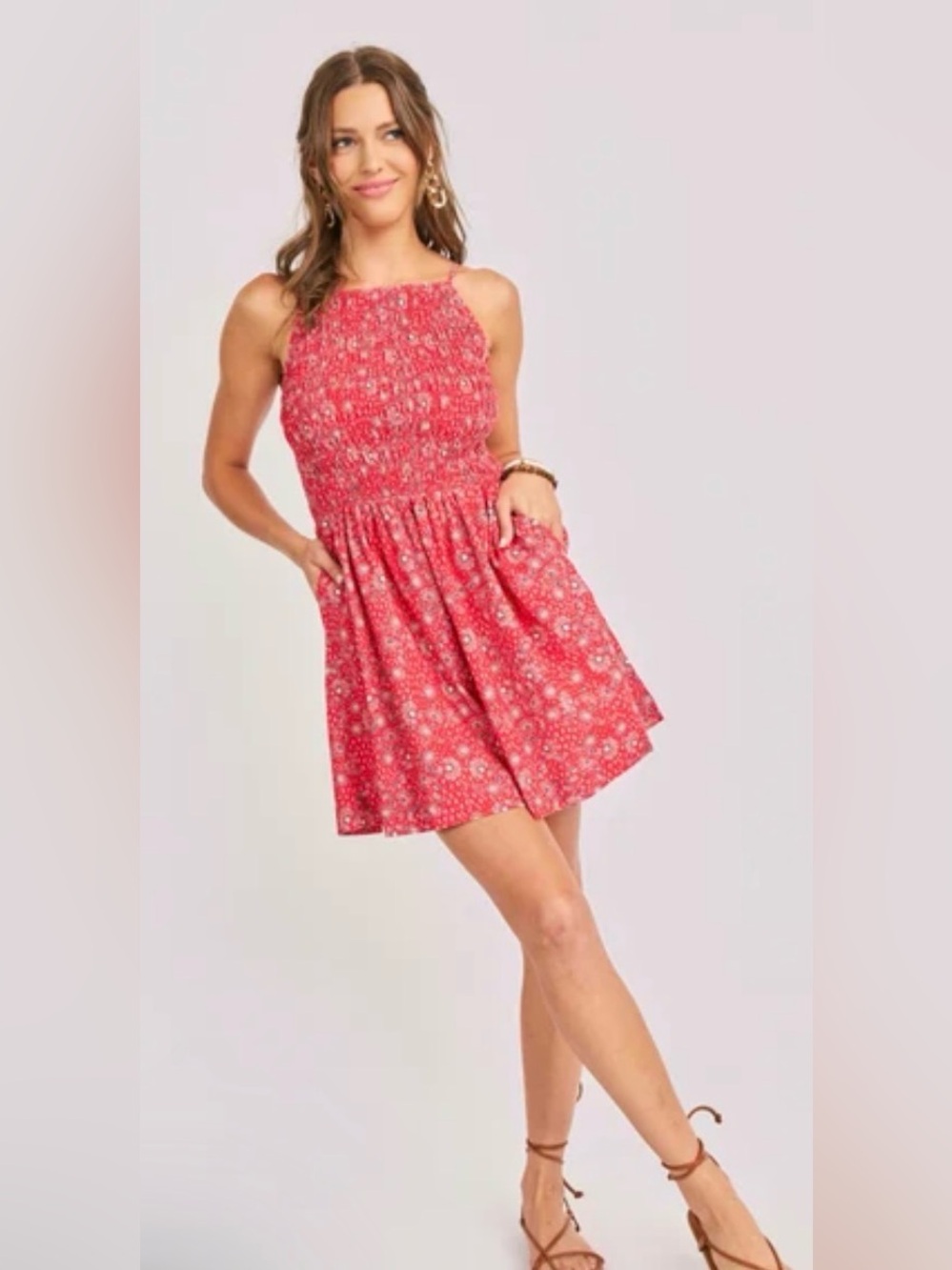 Sadie & Sage Red Floral Smocked Mini Dress Size XS